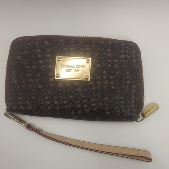 Michael Kors Wristlet Wallet Brown Signature Monogram Gold Hardware - Picture 1 of 5